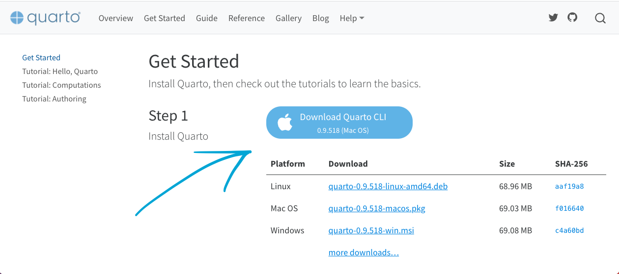 Print screen of the Quarto ‘Get Started’ page.