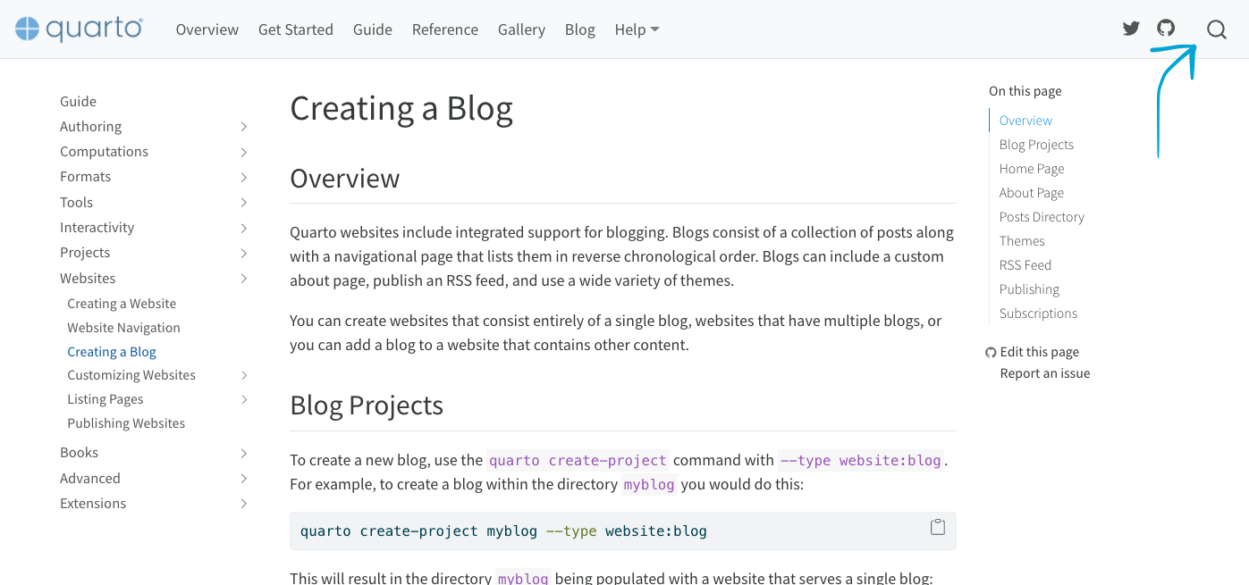 Print screen of the Quarto Documentation about blogs.
