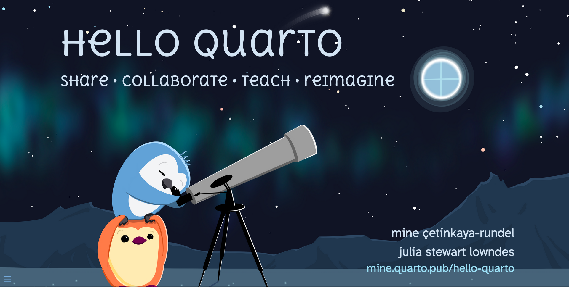 One penguin standing on another penguin's shoulders in a snowscape, looking through a telescope at a Quarto logo “moon” in the night sky.