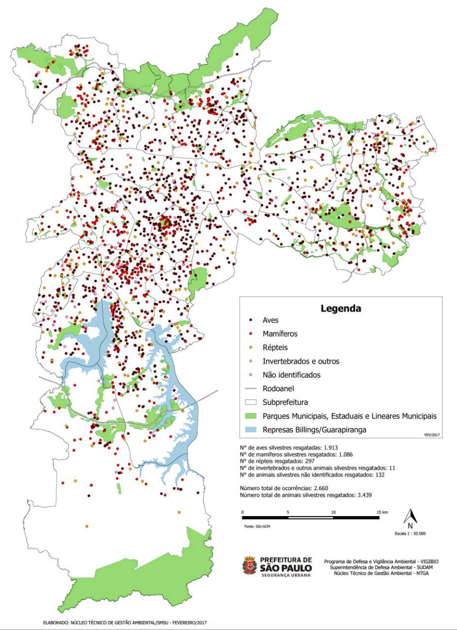 Imagem de um mapa da cidade de São Paulo, mostrando pontos que indicam ocorrências envolvendo animais silvestres.