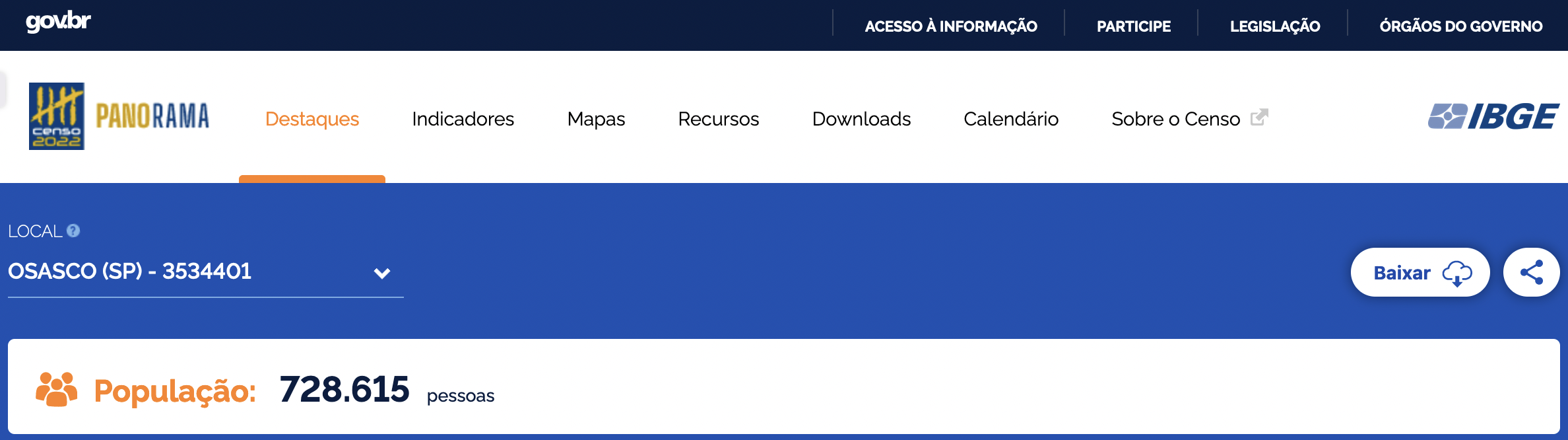 Panorama Censo 2022 - Pesquisa por município ou UF, e botão de download
